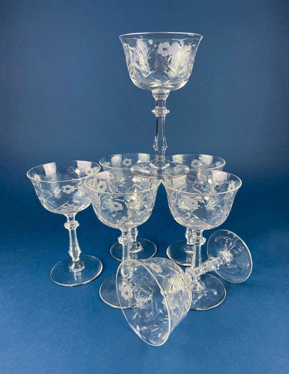 Cut Crystal Champagne Glasses. Geometrical Motif. Set of 7 Stemware. Incredible Shimmer & Ping. Wedding Gift. Housewarming Celebration.