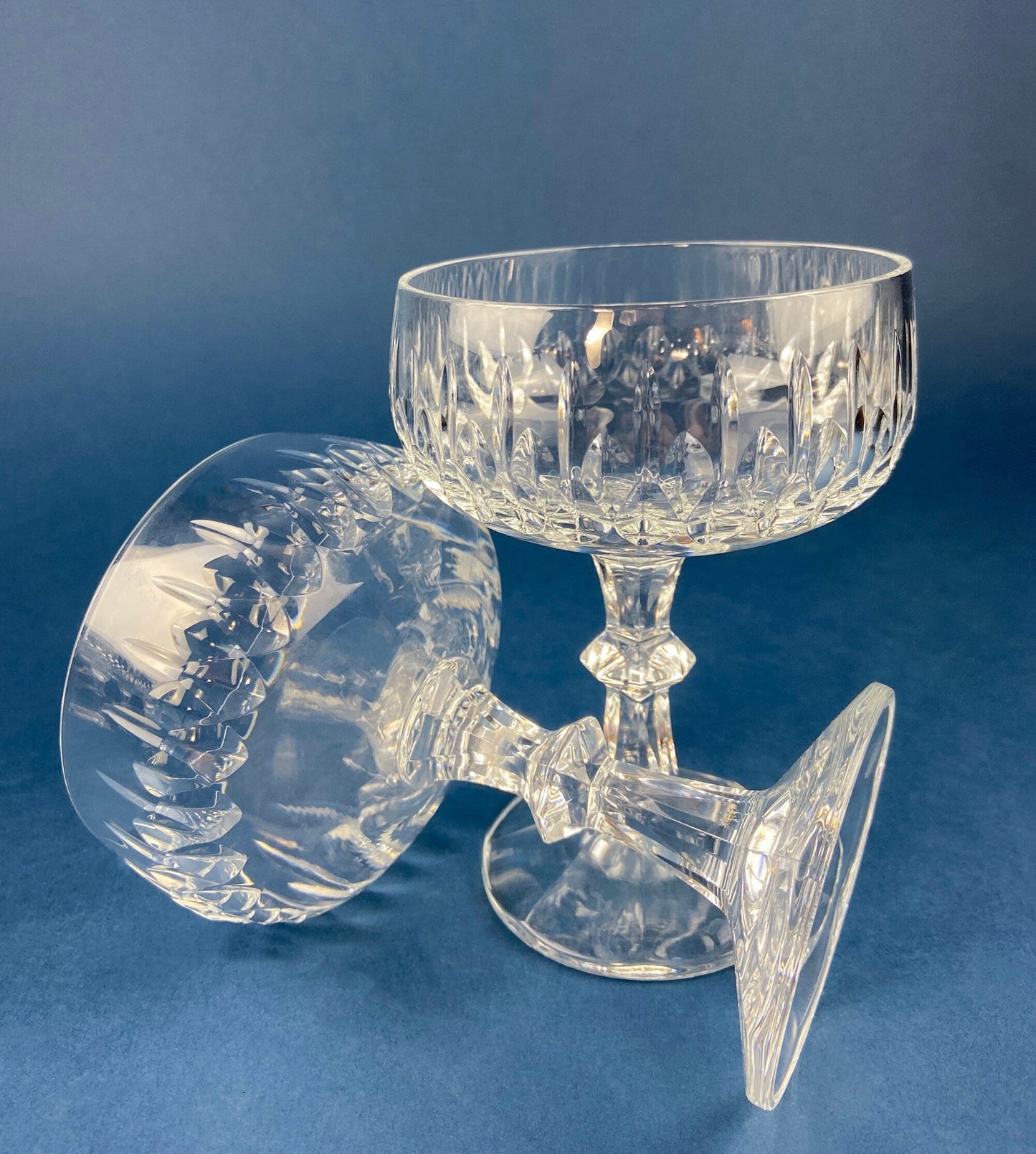Cut Crystal Champagne Glasses. Geometrical Motif. Set of 7 Stemware. Incredible Shimmer & Ping. Wedding Gift. Housewarming Celebration.