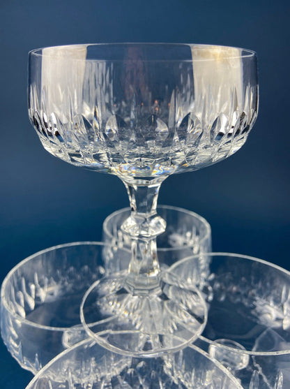Cut Crystal Champagne Glasses. Geometrical Motif. Set of 7 Stemware. Incredible Shimmer & Ping. Wedding Gift. Housewarming Celebration.