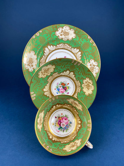 Vintage Staffordshire Tea Trio: Green, Gold, and Pink Porcelain Set