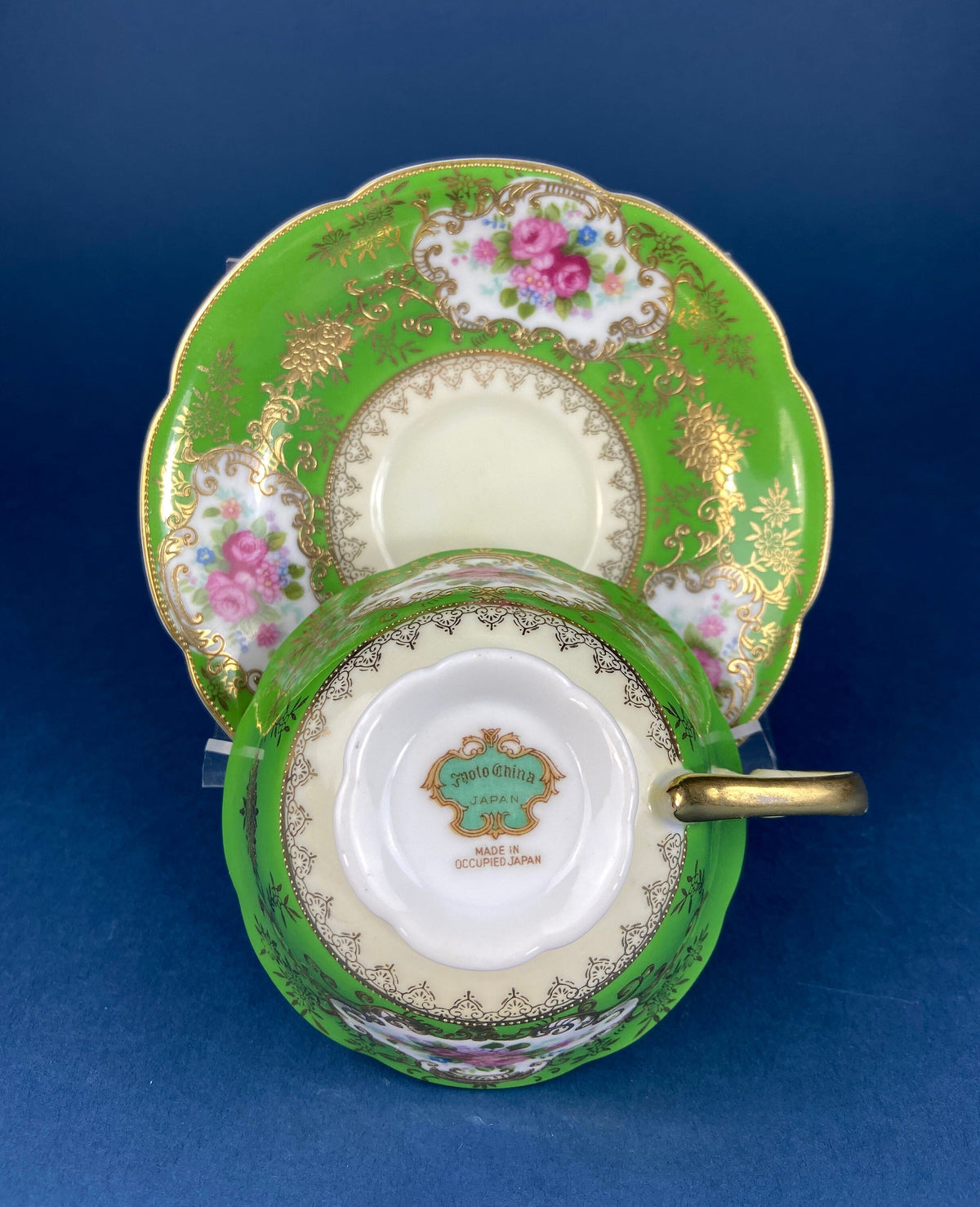 Antique Emerald Green Cup and Saucer, Occupied Japan, Floral Pattern