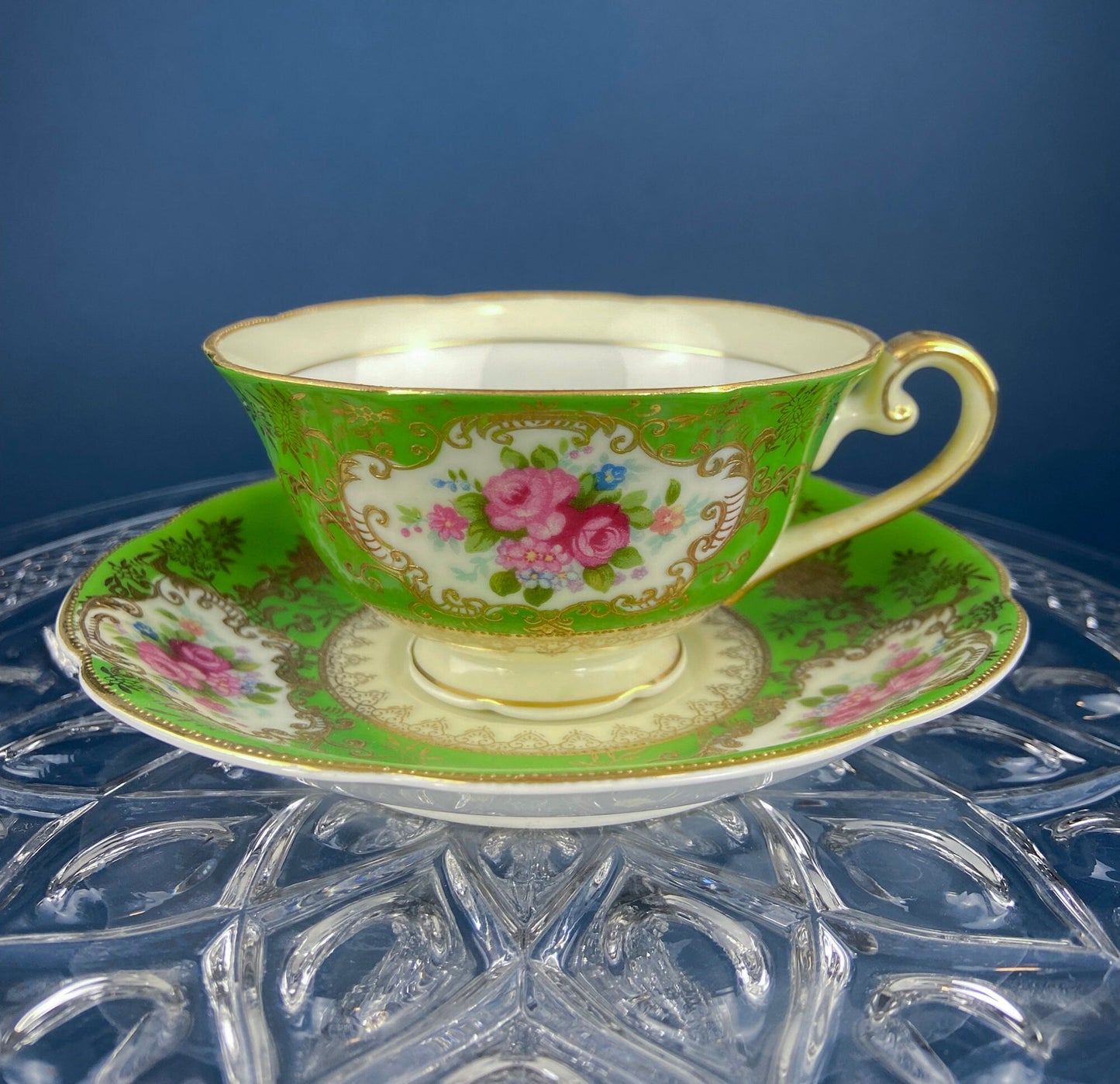 Antique Emerald Green Cup and Saucer, Occupied Japan, Floral Pattern
