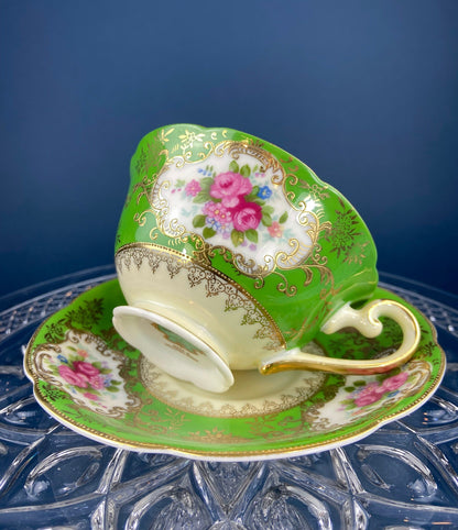 Antique Emerald Green Cup and Saucer, Occupied Japan, Floral Pattern