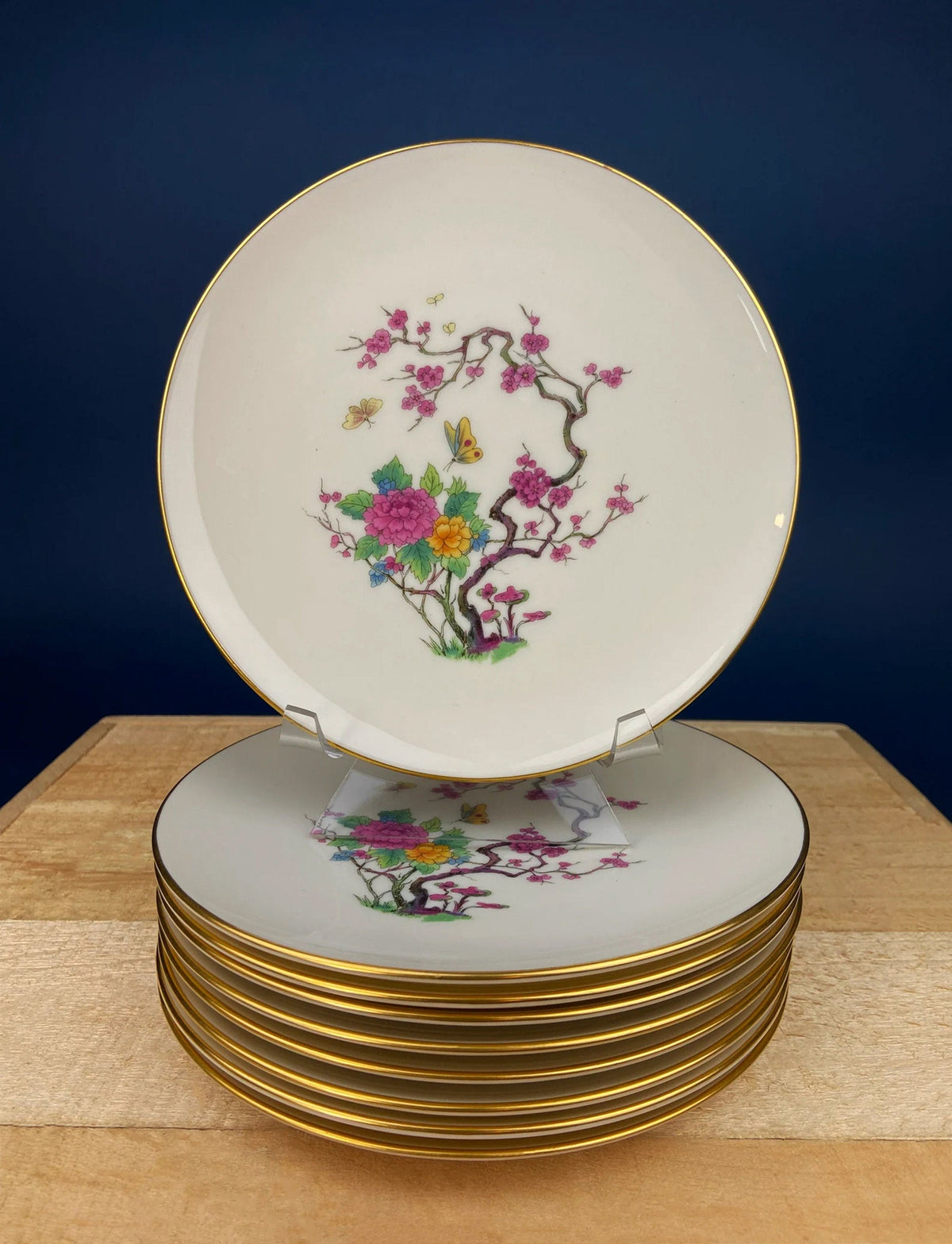 Vintage Porcelain Plates Trio, Dinner Set by Noritake Ireland. Asian Inspired Three Plates: Dinner, Salad, and Dessert.