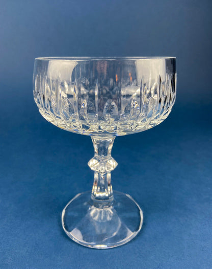 Cut Crystal Champagne Glasses. Geometrical Motif. Set of 7 Stemware. Incredible Shimmer & Ping. Wedding Gift. Housewarming Celebration.