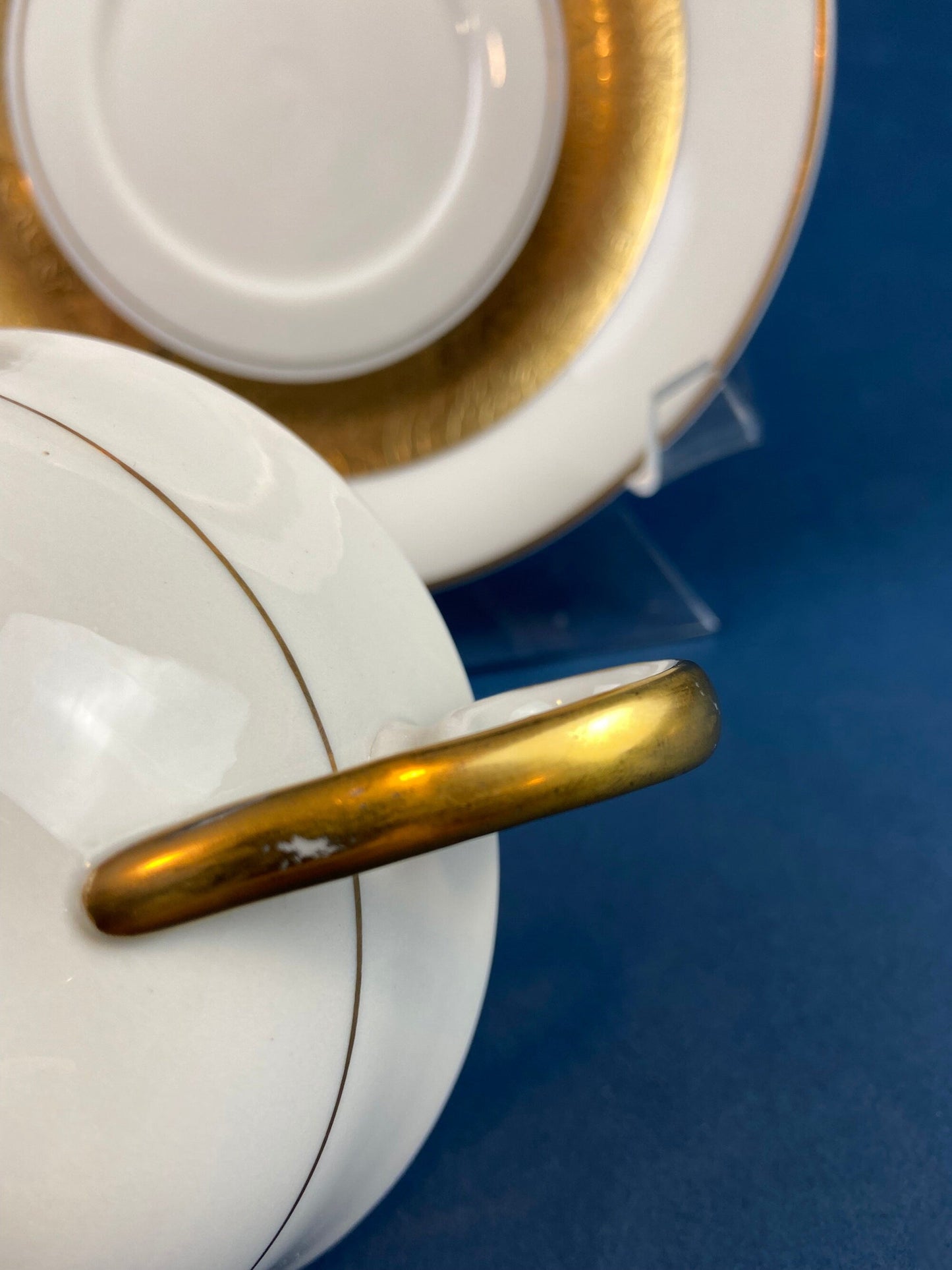 Antique Royal Jackson Tea Cup and Saucer: Cream Porcelain with Gold Band
