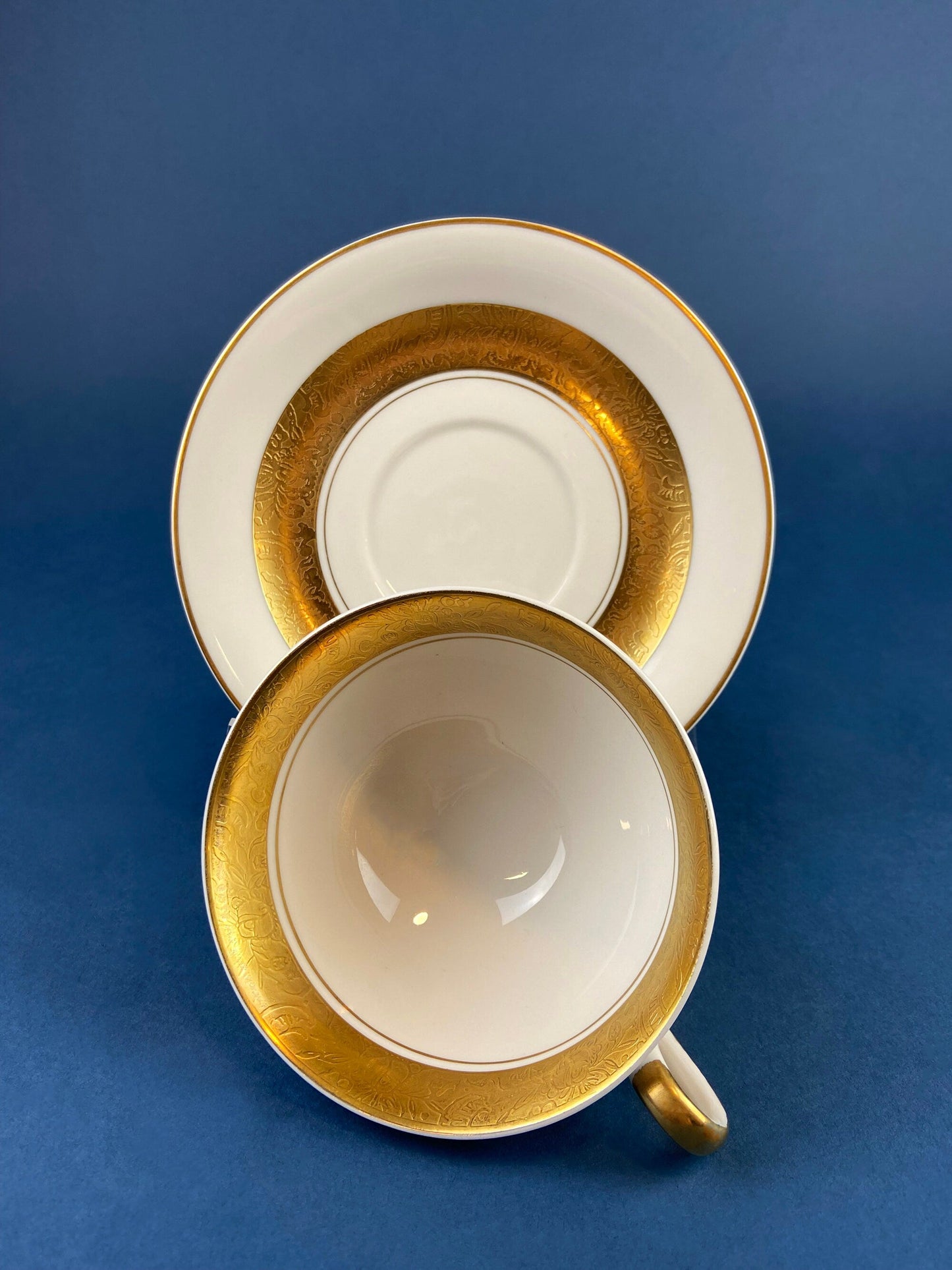 Antique Royal Jackson Tea Cup and Saucer: Cream Porcelain with Gold Band