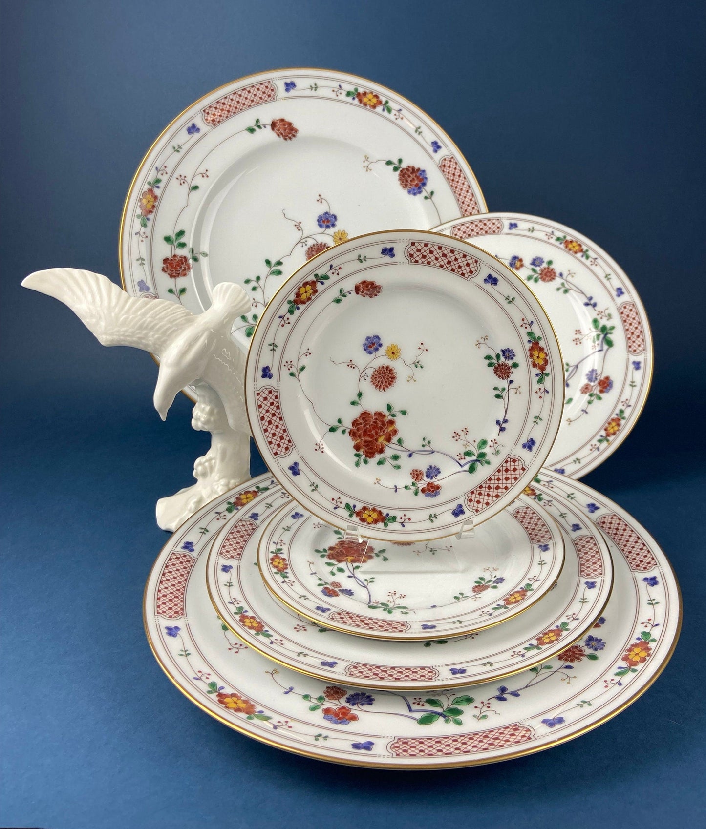 Vintage Porcelain Plates Trio, Dinner Set by Noritake Ireland. Asian Inspired Three Plates: Dinner, Salad, and Dessert.