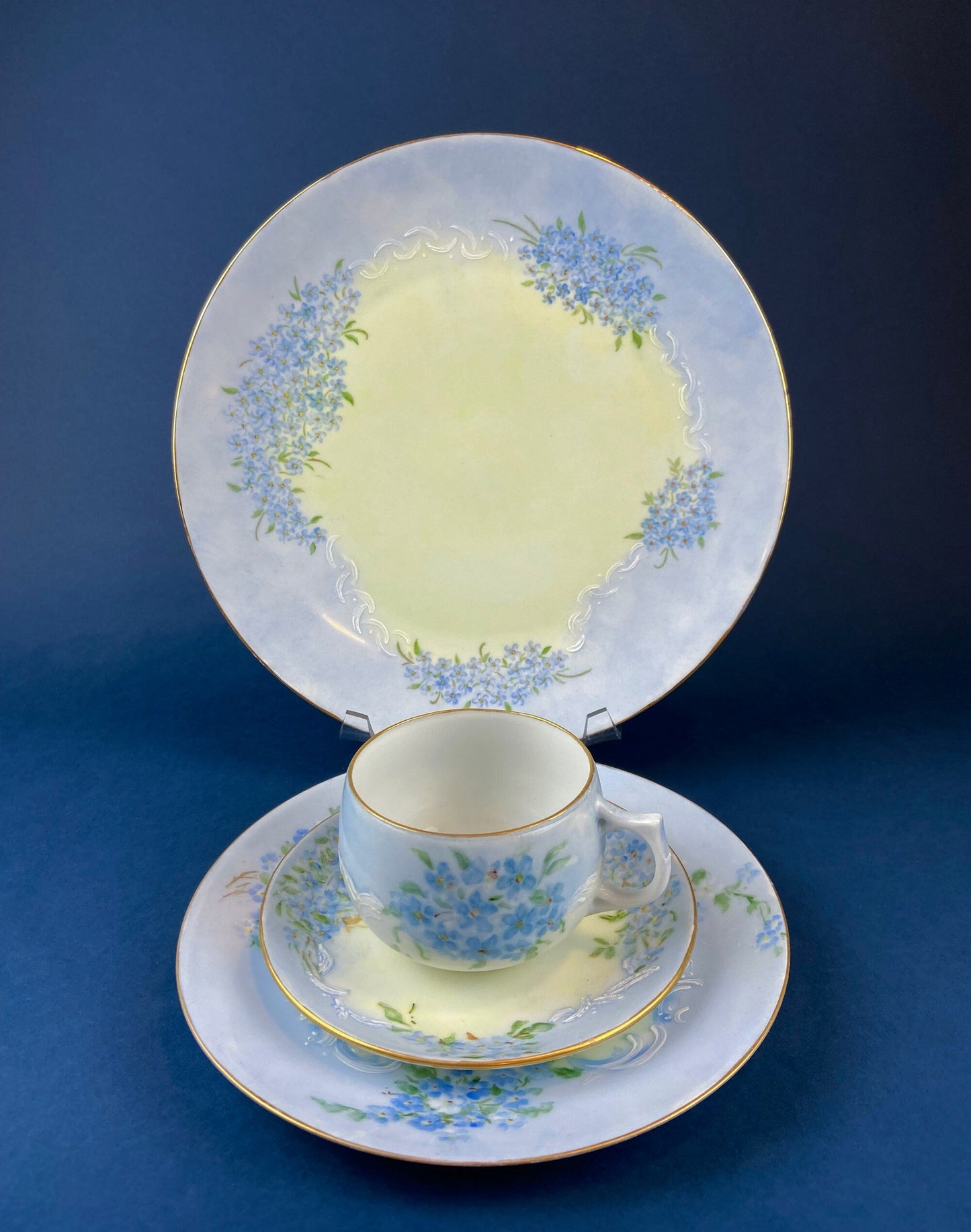 Antique Forget Me Not Porcelain Breakfast Set, Hand-Painted Floral Dishes