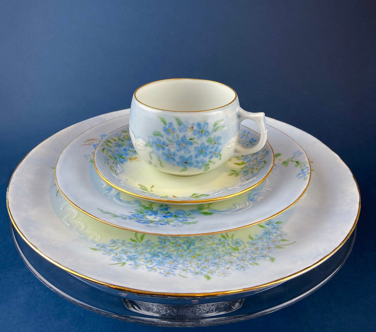 Antique Forget Me Not Porcelain Breakfast Set, Hand-Painted Floral Dishes