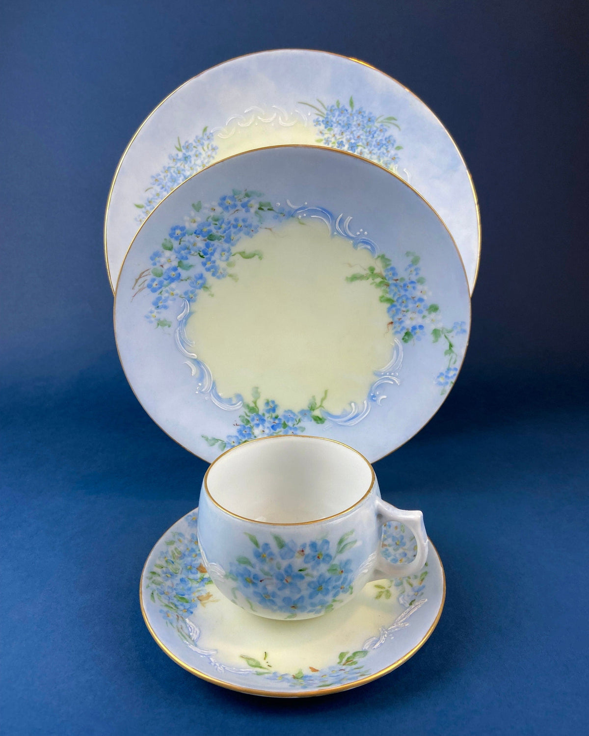Antique Forget Me Not Porcelain Breakfast Set, Hand-Painted Floral Dishes