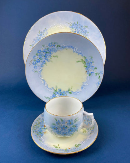 Antique Forget Me Not Porcelain Breakfast Set, Hand-Painted Floral Dishes