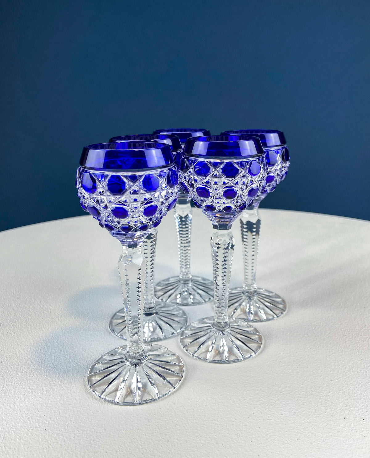 Bohemian Crystal Sweet Wine or Cordial Glasses. Set of Five Sapphire to Clear Cut Crystal Stemware. Look Like Jewels. Luxury Living.