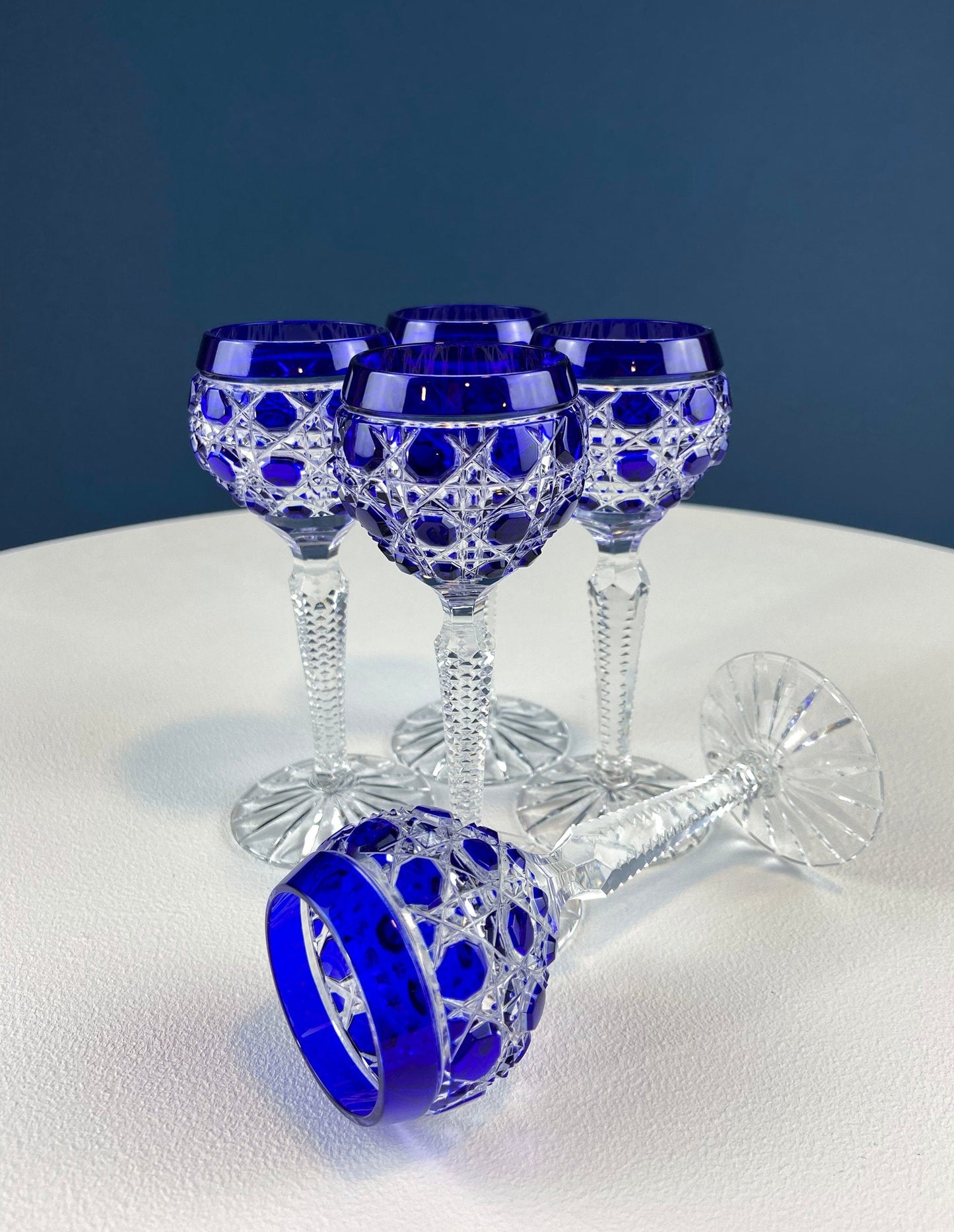 Bohemian Crystal Sweet Wine or Cordial Glasses. Set of Five Sapphire to Clear Cut Crystal Stemware. Look Like Jewels. Luxury Living.