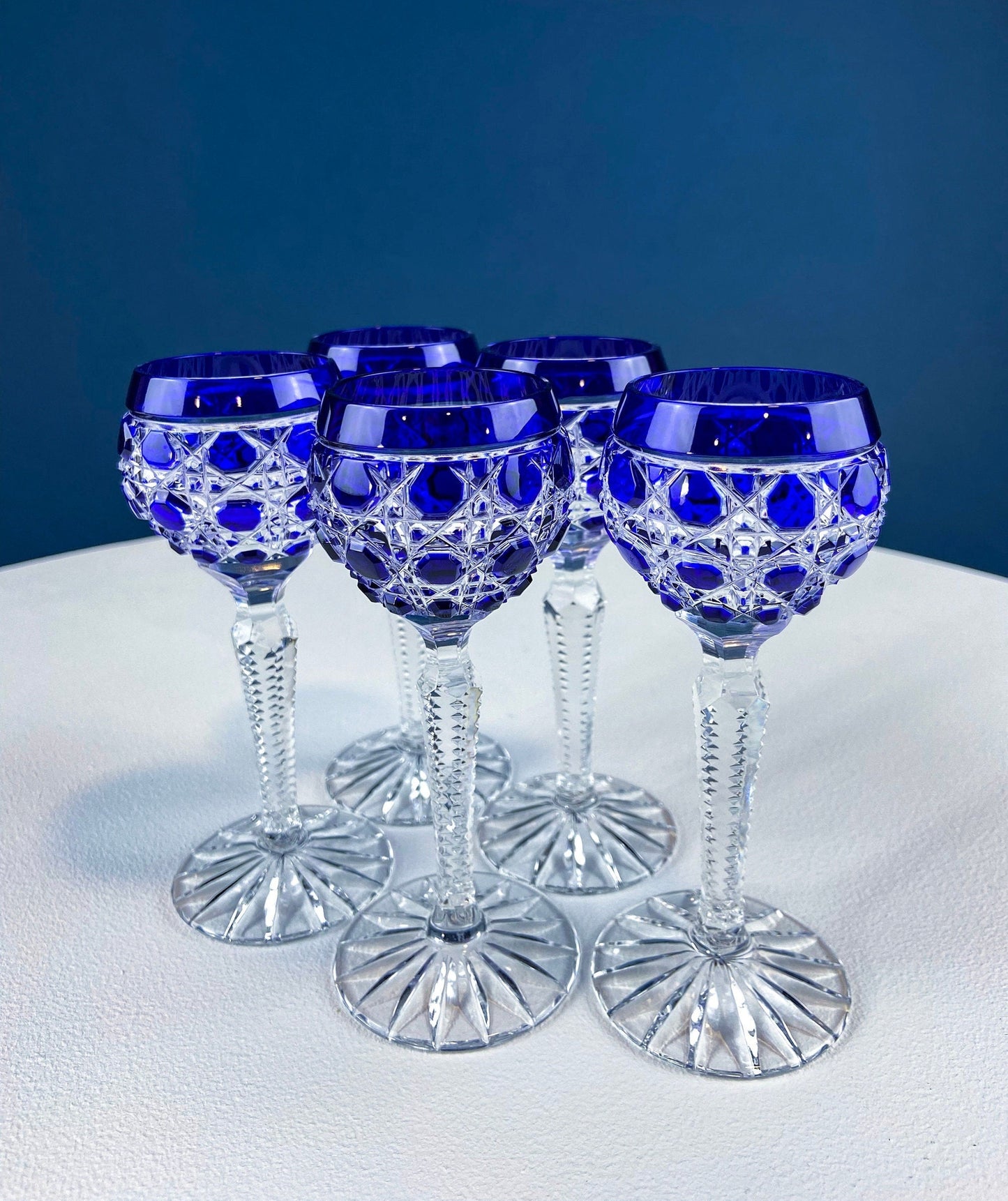 Bohemian Crystal Sweet Wine or Cordial Glasses. Set of Five Sapphire to Clear Cut Crystal Stemware. Look Like Jewels. Luxury Living.