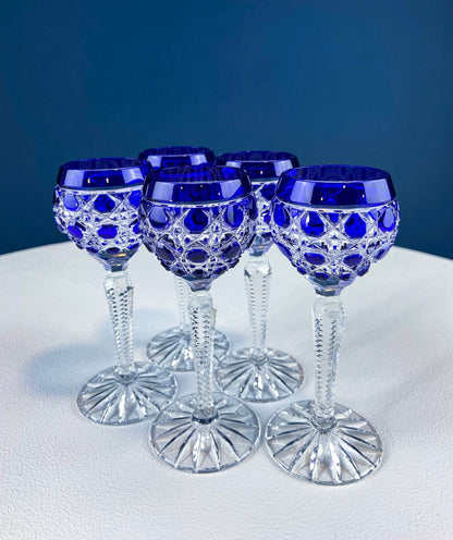 Bohemian Crystal Sweet Wine or Cordial Glasses. Set of Five Sapphire to Clear Cut Crystal Stemware. Look Like Jewels. Luxury Living.
