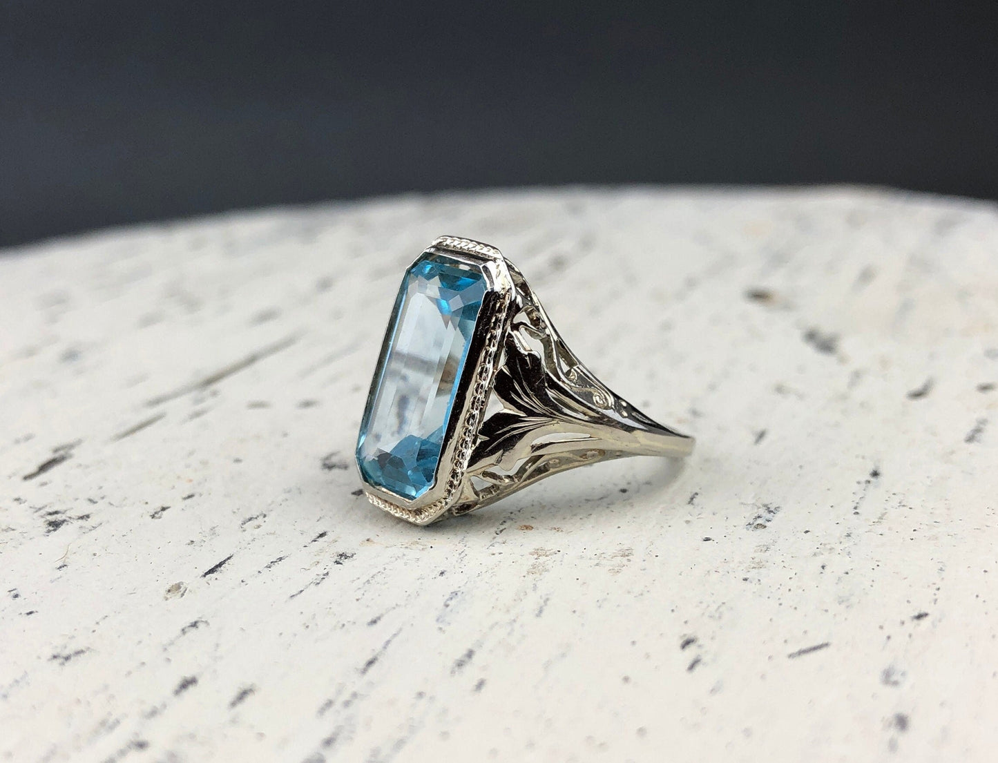Art Deco 14k Gold 5ct Sky Blue Topaz Ring