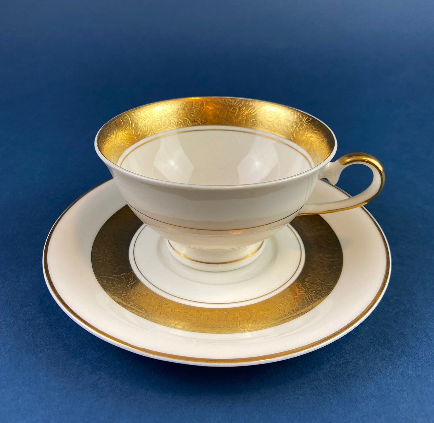 Antique Royal Jackson Tea Cup and Saucer: Cream Porcelain with Gold Band