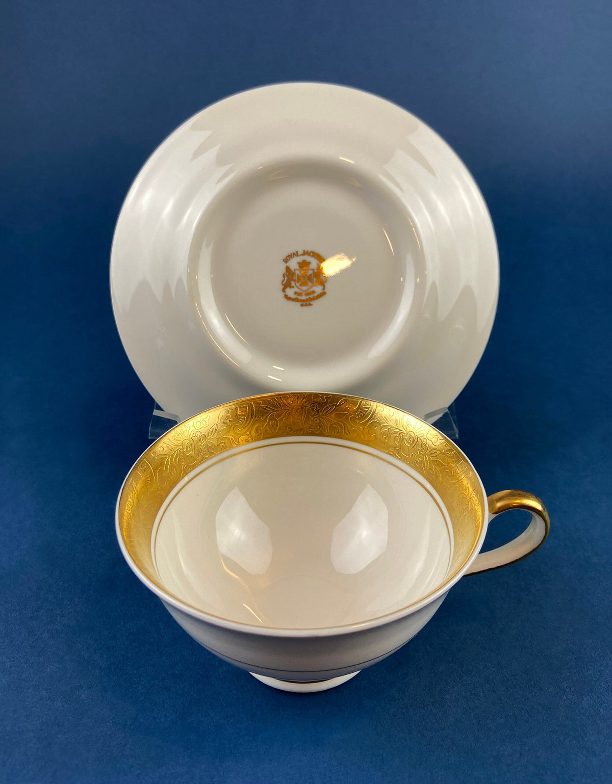 Antique Royal Jackson Tea Cup and Saucer: Cream Porcelain with Gold Band