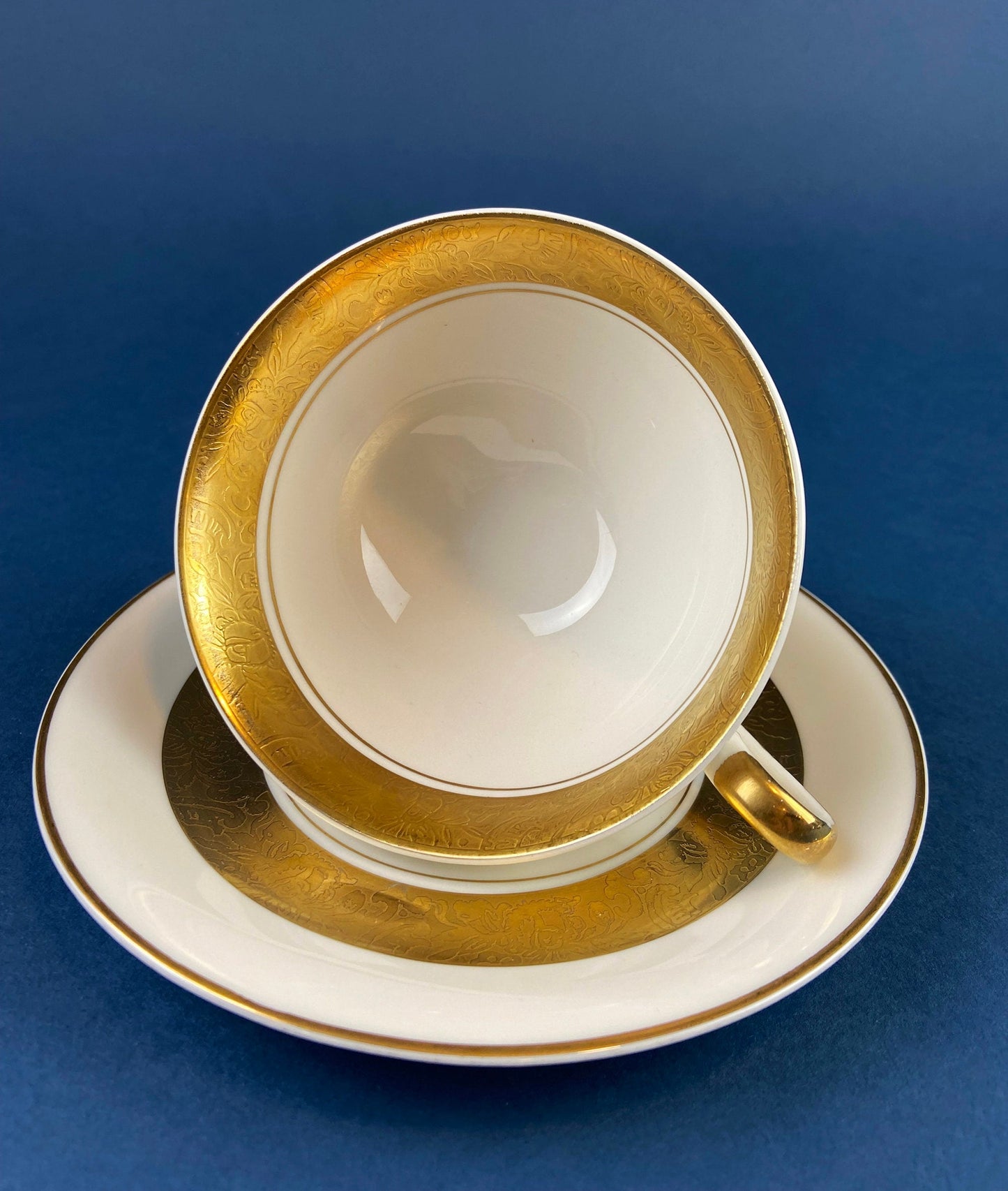 Antique Royal Jackson Tea Cup and Saucer: Cream Porcelain with Gold Band