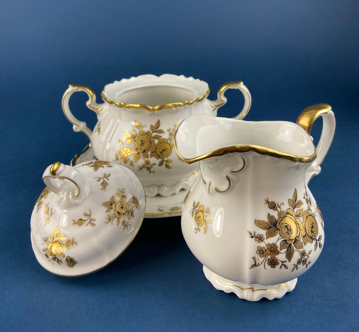 Stunning Antique White and Gold Tea Set Trio. Weimar Porcelain, Katharina Pattern. Hand Painted Floral Gold Trim. Dining Room Decor.