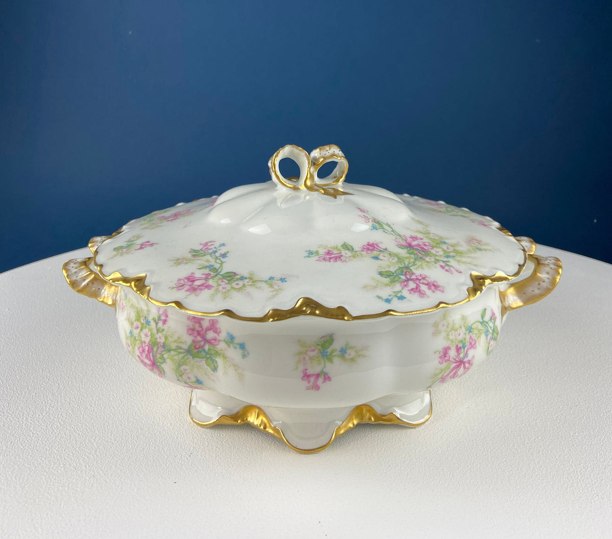 Antique Limoges Trio Tea Set. Floral Motif: Forget-me-nots, Honey Suckle, Roses. Rare Find. French Country Living. Luxurious Dining.