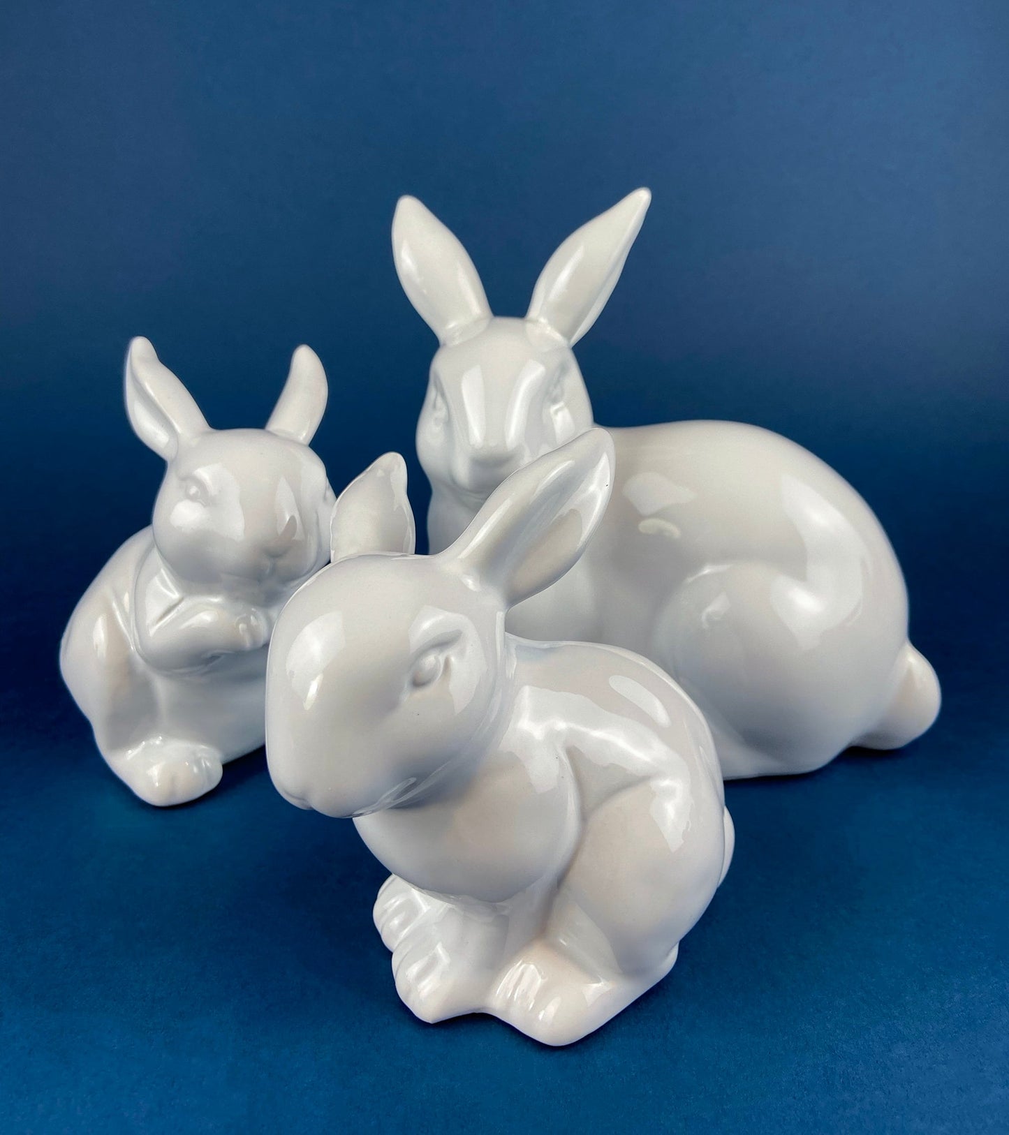 Family of White Porcelain Bunnies with Pink Ears & Eyes. 5 Small Figurines. Home Kids Room Decor. Easter Display. Gift for Him or Her.
