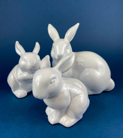 Family of White Porcelain Bunnies with Pink Ears & Eyes. 5 Small Figurines. Home Kids Room Decor. Easter Display. Gift for Him or Her.