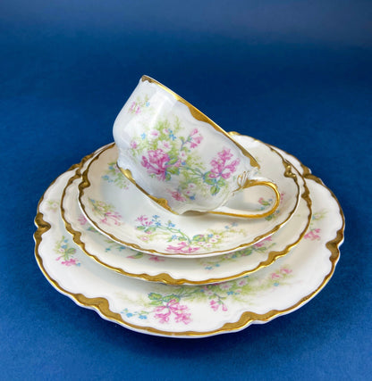Antique Limoges Trio Tea Set. Floral Motif: Forget-me-nots, Honey Suckle, Roses. Rare Find. French Country Living. Luxurious Dining.