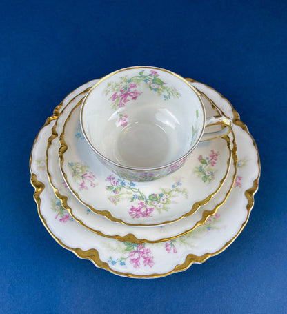 Antique Limoges Trio Tea Set. Floral Motif: Forget-me-nots, Honey Suckle, Roses. Rare Find. French Country Living. Luxurious Dining.