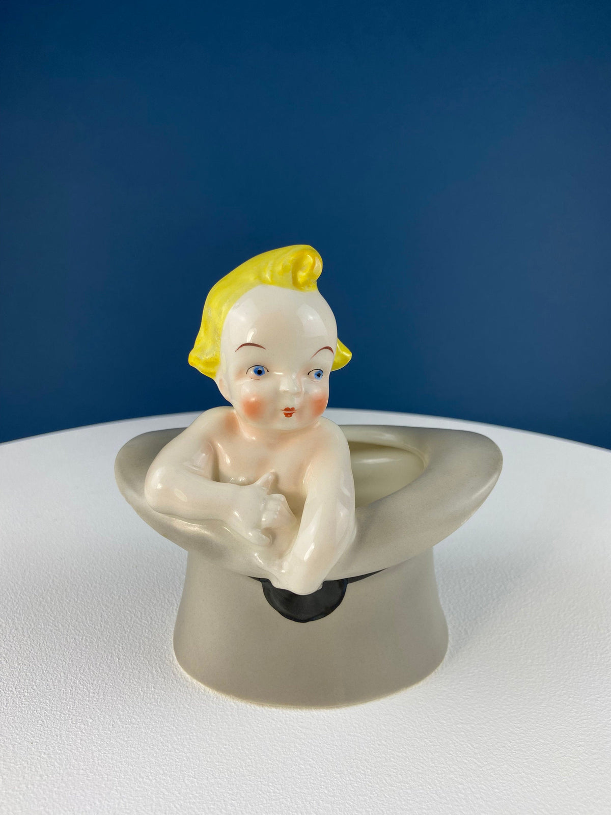 Vintage Blonde Baby Figurine in Top Hat: Royal Crown Planter, Vanity Tray