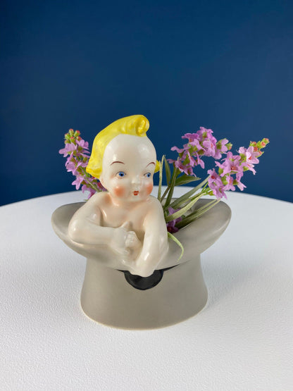 Vintage Blonde Baby Figurine in Top Hat: Royal Crown Planter, Vanity Tray