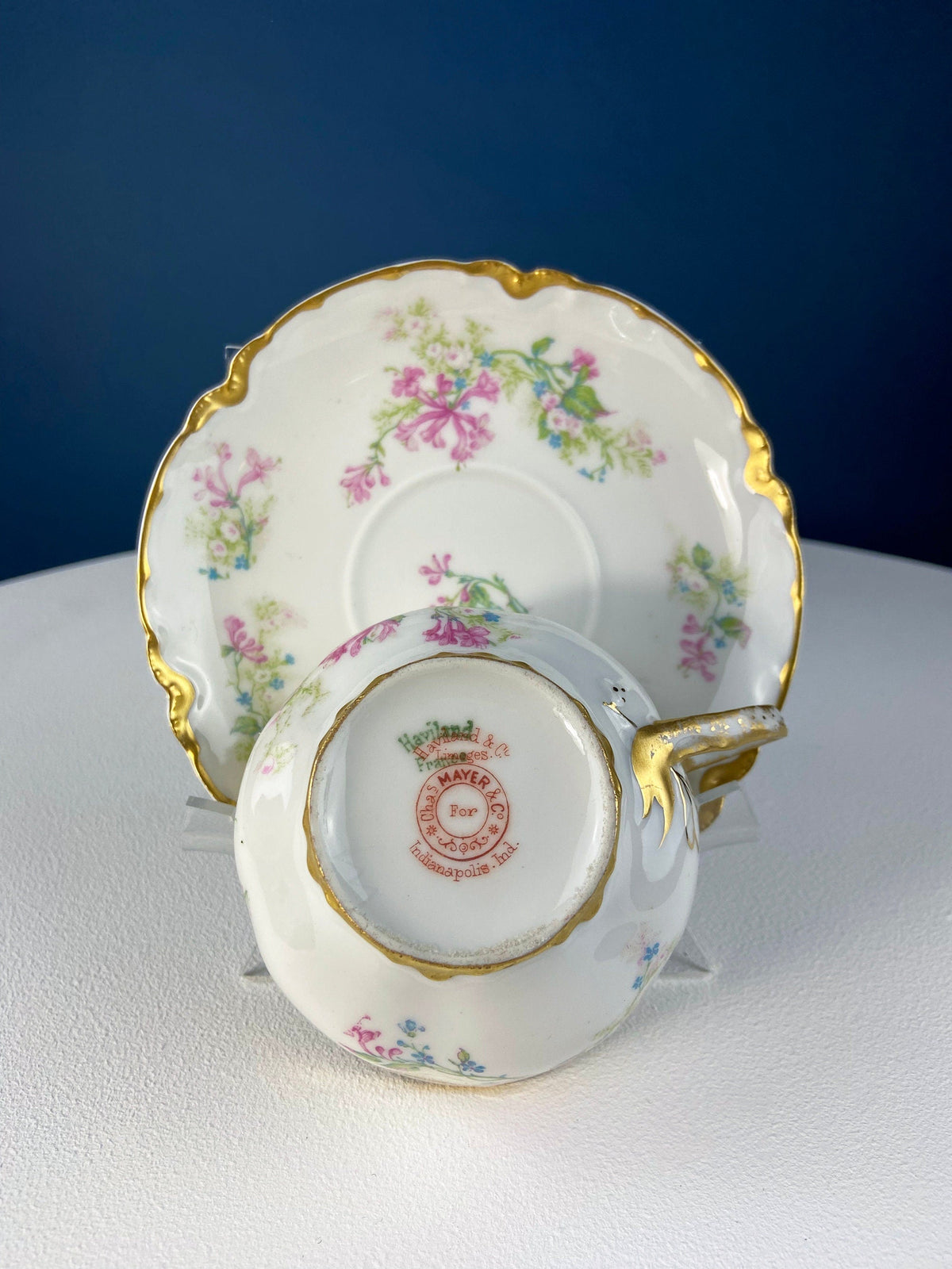 Antique Limoges Trio Tea Set. Floral Motif: Forget-me-nots, Honey Suckle, Roses. Rare Find. French Country Living. Luxurious Dining.