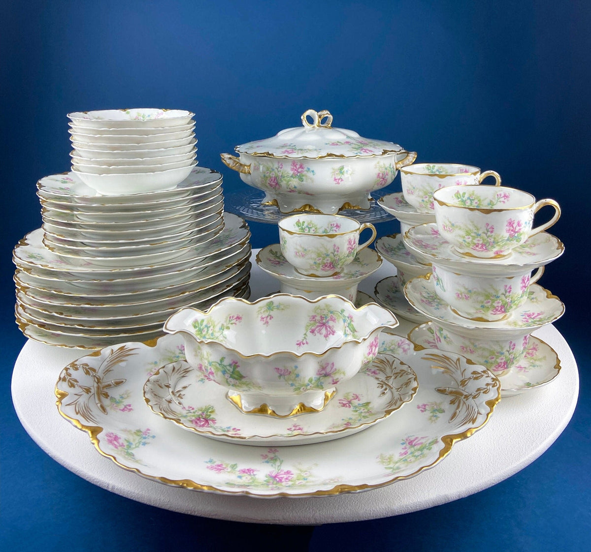 Antique Limoges Trio Tea Set. Floral Motif: Forget-me-nots, Honey Suckle, Roses. Rare Find. French Country Living. Luxurious Dining.