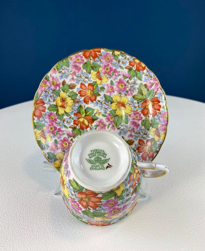Vintage Tuscan Cup and Saucer: Hand-Painted Floral Tea Set