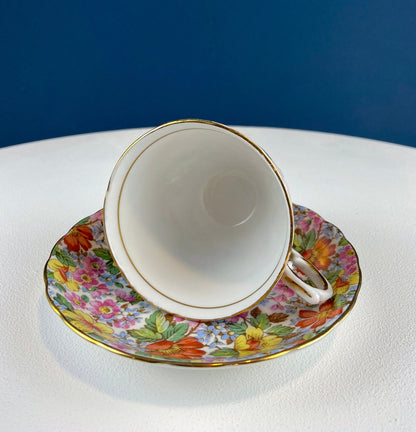 Vintage Tuscan Cup and Saucer: Hand-Painted Floral Tea Set