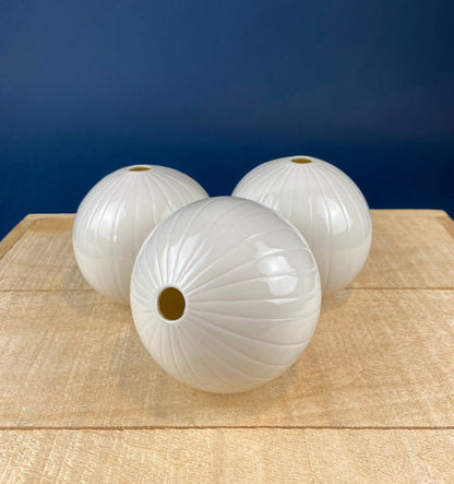 White, Porcelain Modern Vases. Set of Three Sperical Vases with Small Mouths and Fluting. Perfect for Breakfast Tray. Minimal Home Decor.