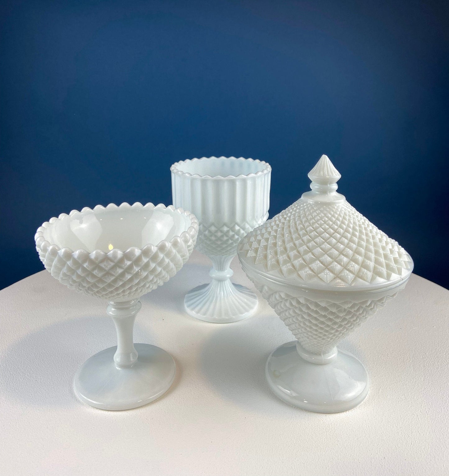 Milk Glass Bowl with Lid. Diamond Pattern, Cone Shaped Bowl with Cover. Trinket Compote for Dresser Top, Bathroom Accesories, Candy Dish.