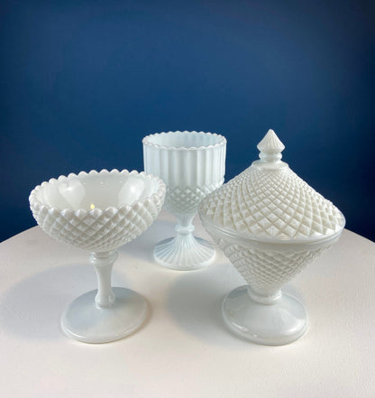 Milk Glass Bowl with Lid. Diamond Pattern, Cone Shaped Bowl with Cover. Trinket Compote for Dresser Top, Bathroom Accesories, Candy Dish.