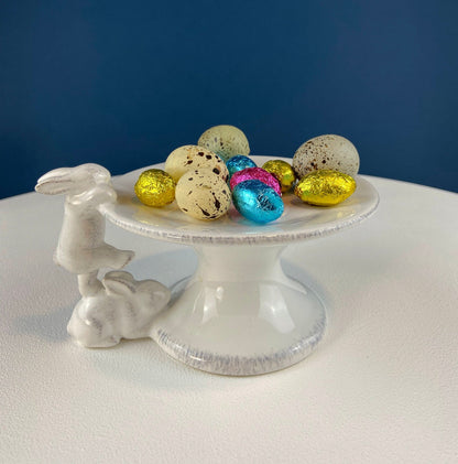 White Porcelain, Cupcake Sized Stand. Climbing Bunnies Detail. Rabbit Themed Table Accessories. Candy Dish, Candle Holder, Modern Farmhouse.