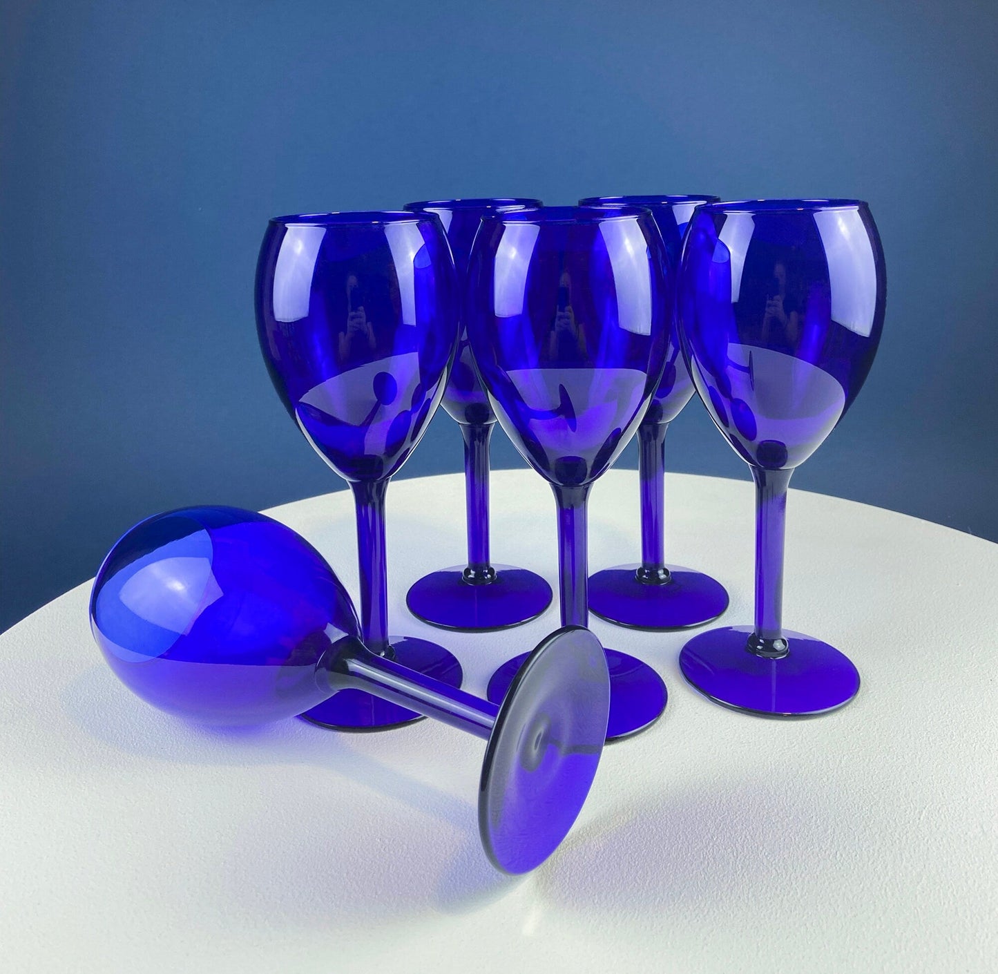 Cobalt Blue Wine Glasses.  Set of Six Stemware. Dark Blue Modern Glasses. Holiday Celebration.