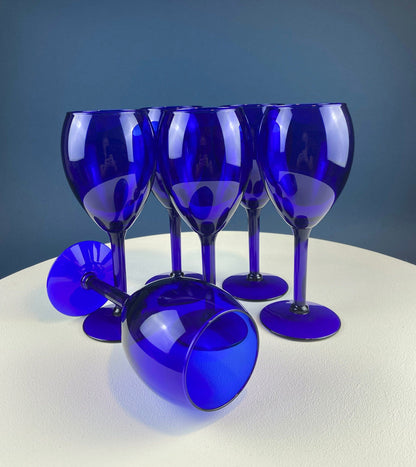 Cobalt Blue Wine Glasses.  Set of Six Stemware. Dark Blue Modern Glasses. Holiday Celebration.