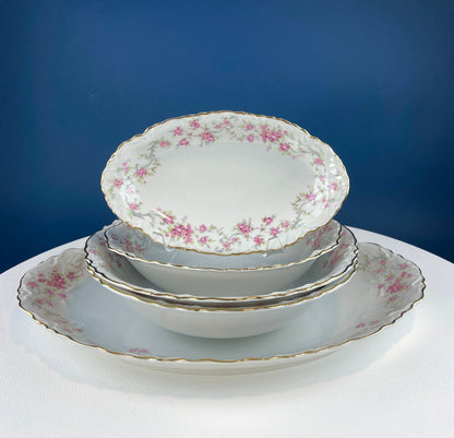 Antique Porcelain Serving Dishes. Set of Five Hutschenreuter Platters and Bowls with Pink Rose Garlands Motif.