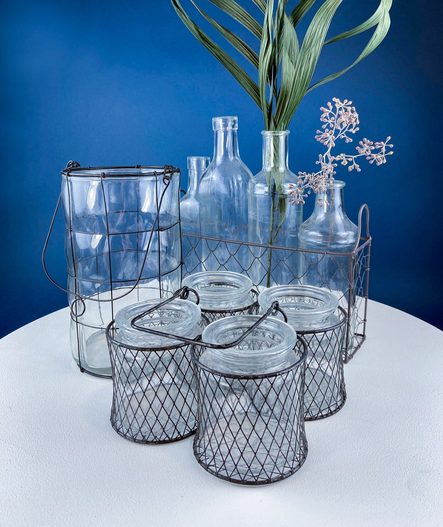 Collection of Rustic, Clear Glass Jars & Bottles with Metal Wire Baskets. Three Sets of Flower Vases or Candle Holders. Modern Farmhouse.