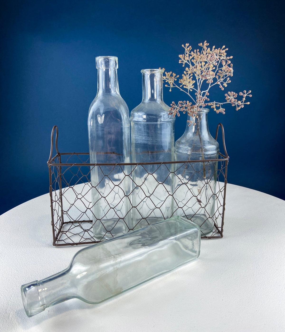 Collection of Rustic, Clear Glass Jars & Bottles with Metal Wire Baskets. Three Sets of Flower Vases or Candle Holders. Modern Farmhouse.