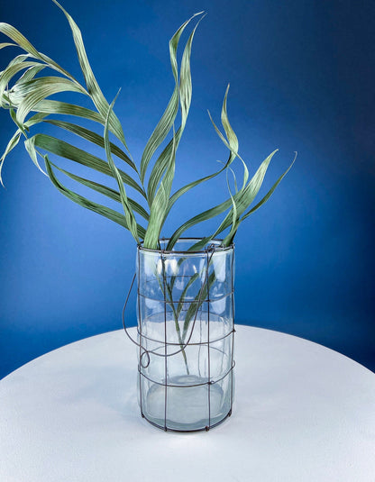 Collection of Rustic, Clear Glass Jars & Bottles with Metal Wire Baskets. Three Sets of Flower Vases or Candle Holders. Modern Farmhouse.