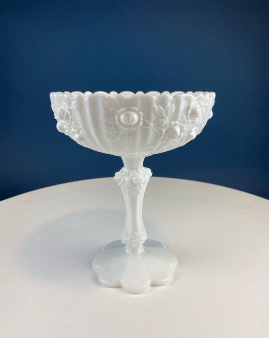 Milk Glass Floral Footed Bowl with Salloped Rim. White Compote with 3-D Roses. Serving Dish for Fruit or Nuts Bowl. Bedroom Console Decor.