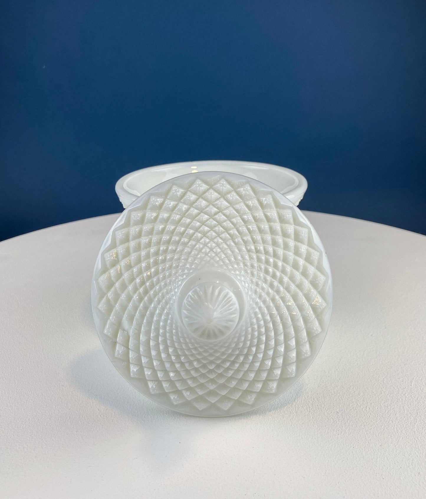 Milk Glass Bowl with Lid. Diamond Pattern, Cone Shaped Bowl with Cover. Trinket Compote for Dresser Top, Bathroom Accesories, Candy Dish.