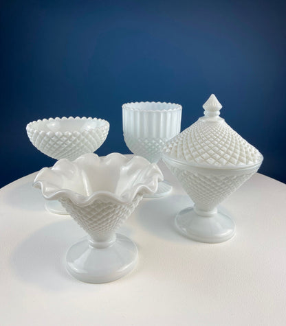 Milk Glass Bowl with Lid. Diamond Pattern, Cone Shaped Bowl with Cover. Trinket Compote for Dresser Top, Bathroom Accesories, Candy Dish.