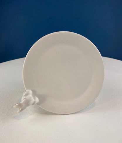 White Porcelain, Cupcake Sized Stand. Climbing Bunnies Detail. Rabbit Themed Table Accessories. Candy Dish, Candle Holder, Modern Farmhouse.